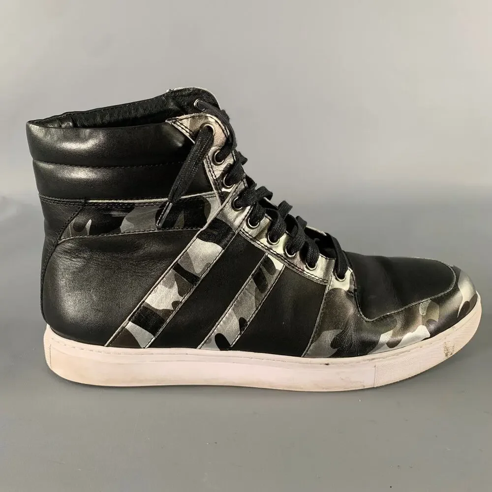 BADGLEY MISCHKA Size 12 Black Silver Camo Leather High Top Sneakers